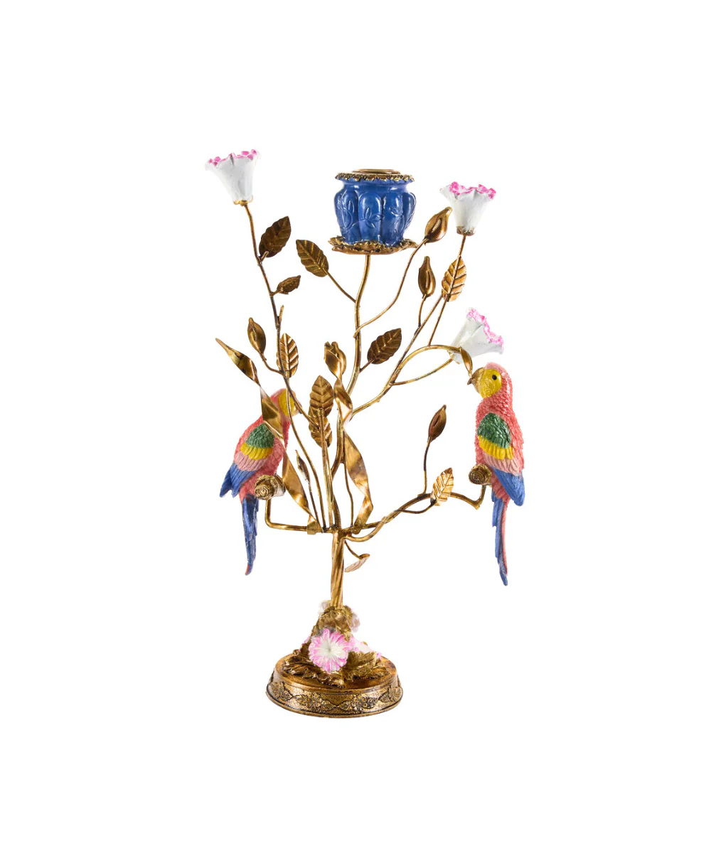 Lysestage med fugle og grene, blå - H38 cm