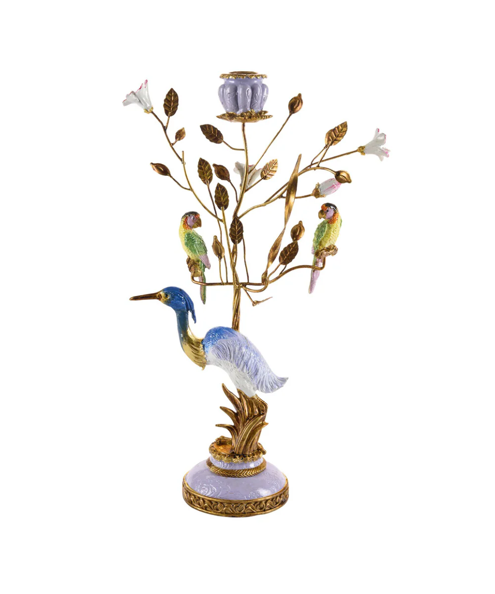 Lysestage med fugle og grene, lilla- H44 cm
