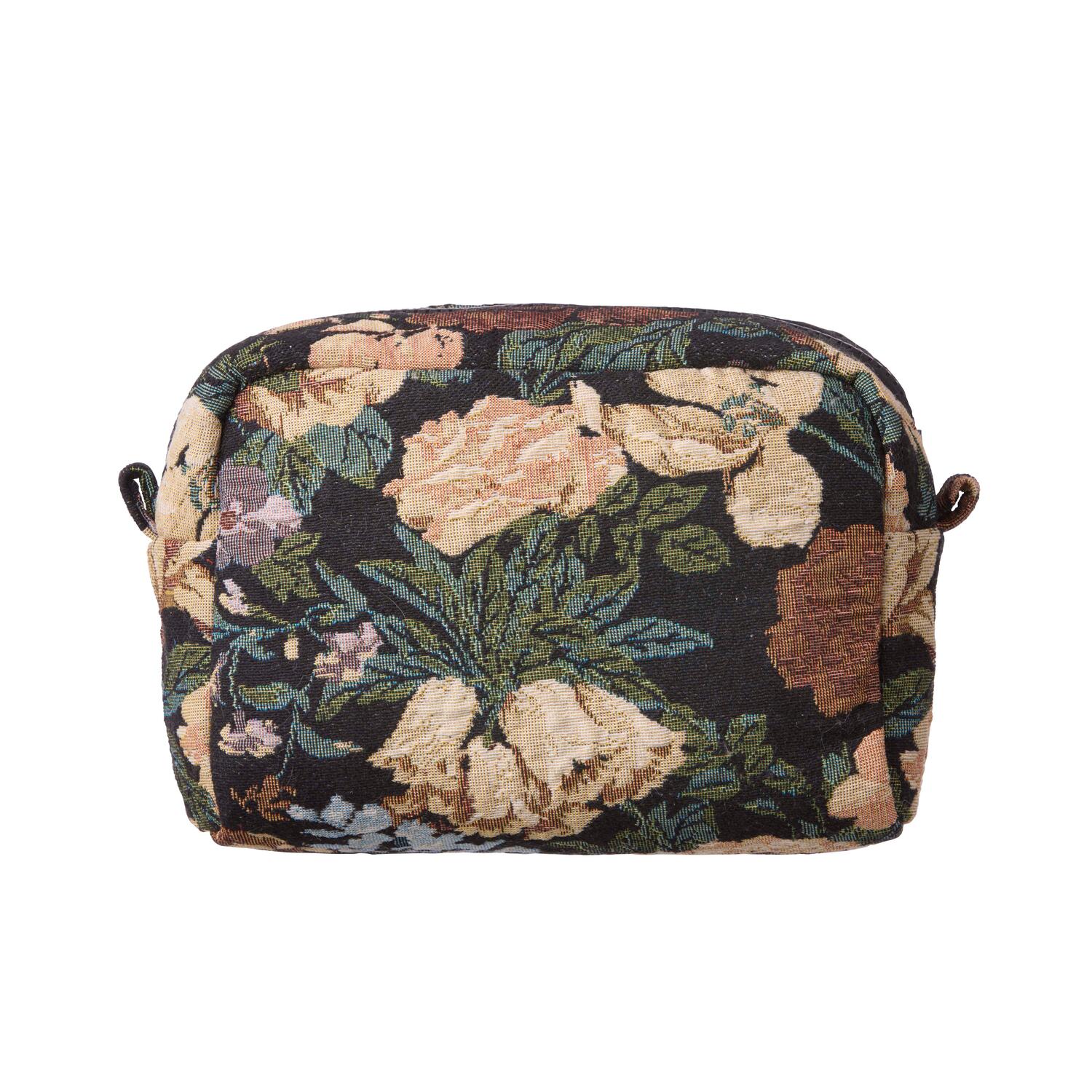Makeup taske, sort blomstret - 14x20 cm