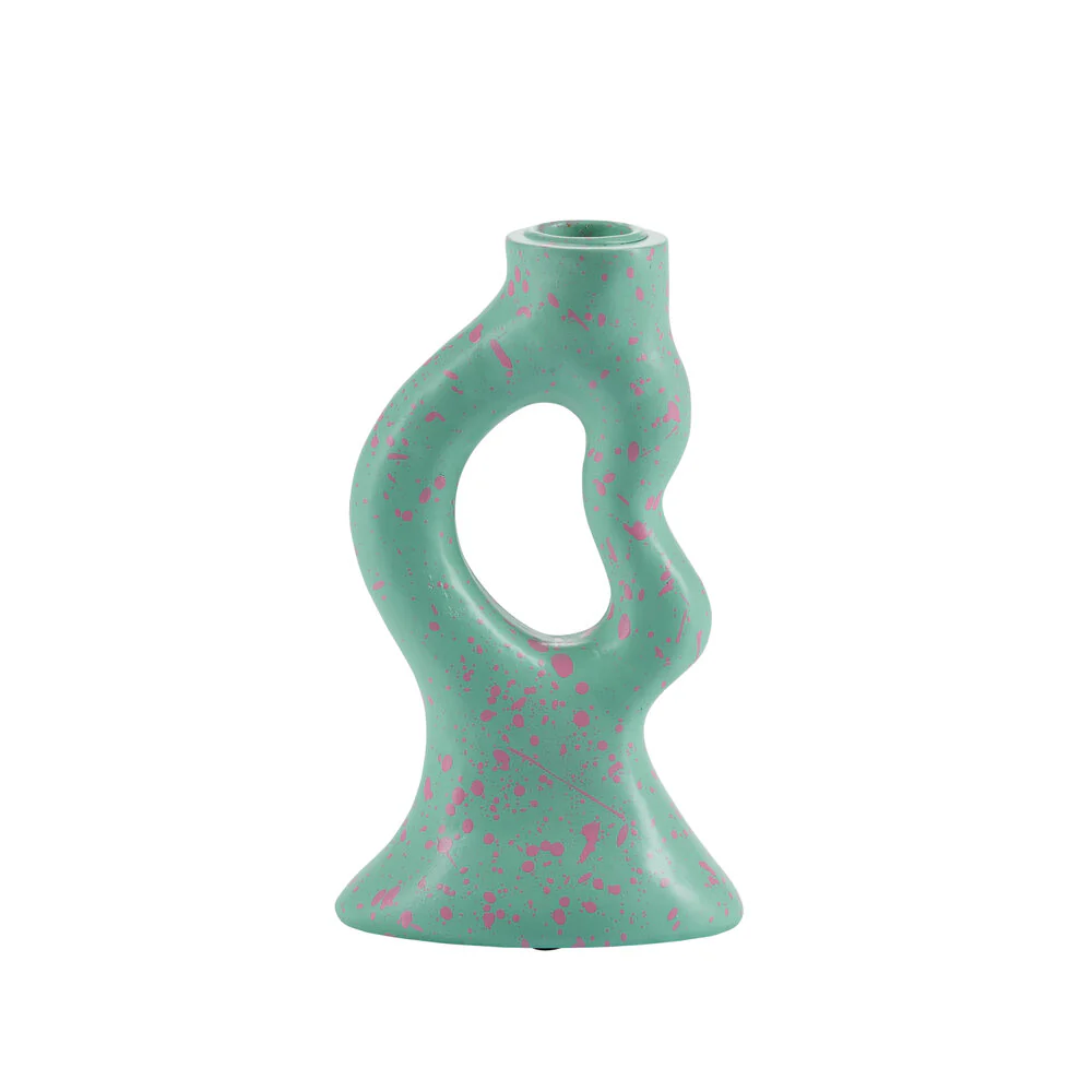 Plettet lysestage, mint/lilla - H17 cm.