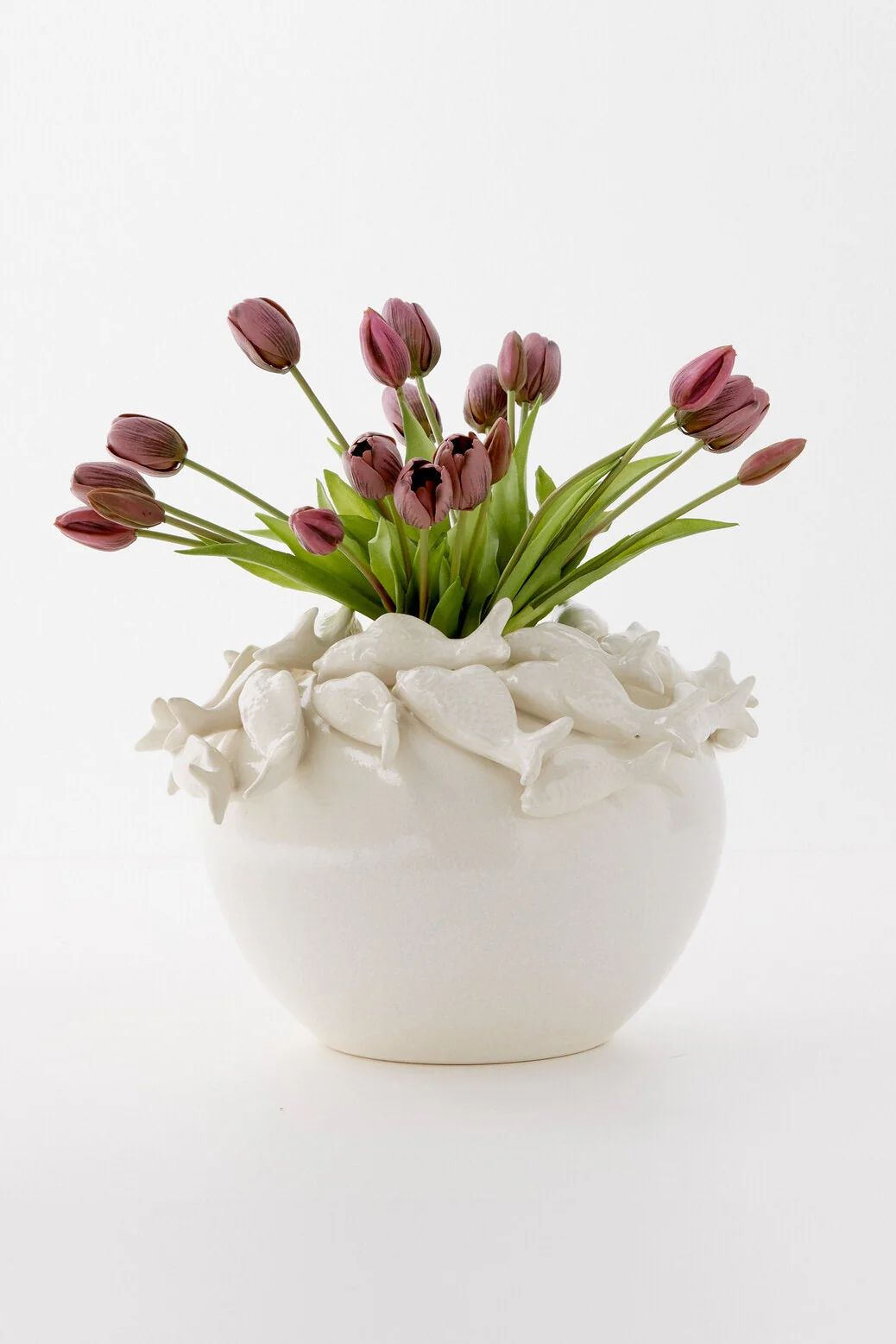 Rund vase med fisk, hvid - Ø40 cm