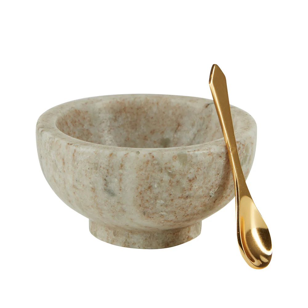 Saltskål i marmor med guldske, beige - Ø:7,5 cm.