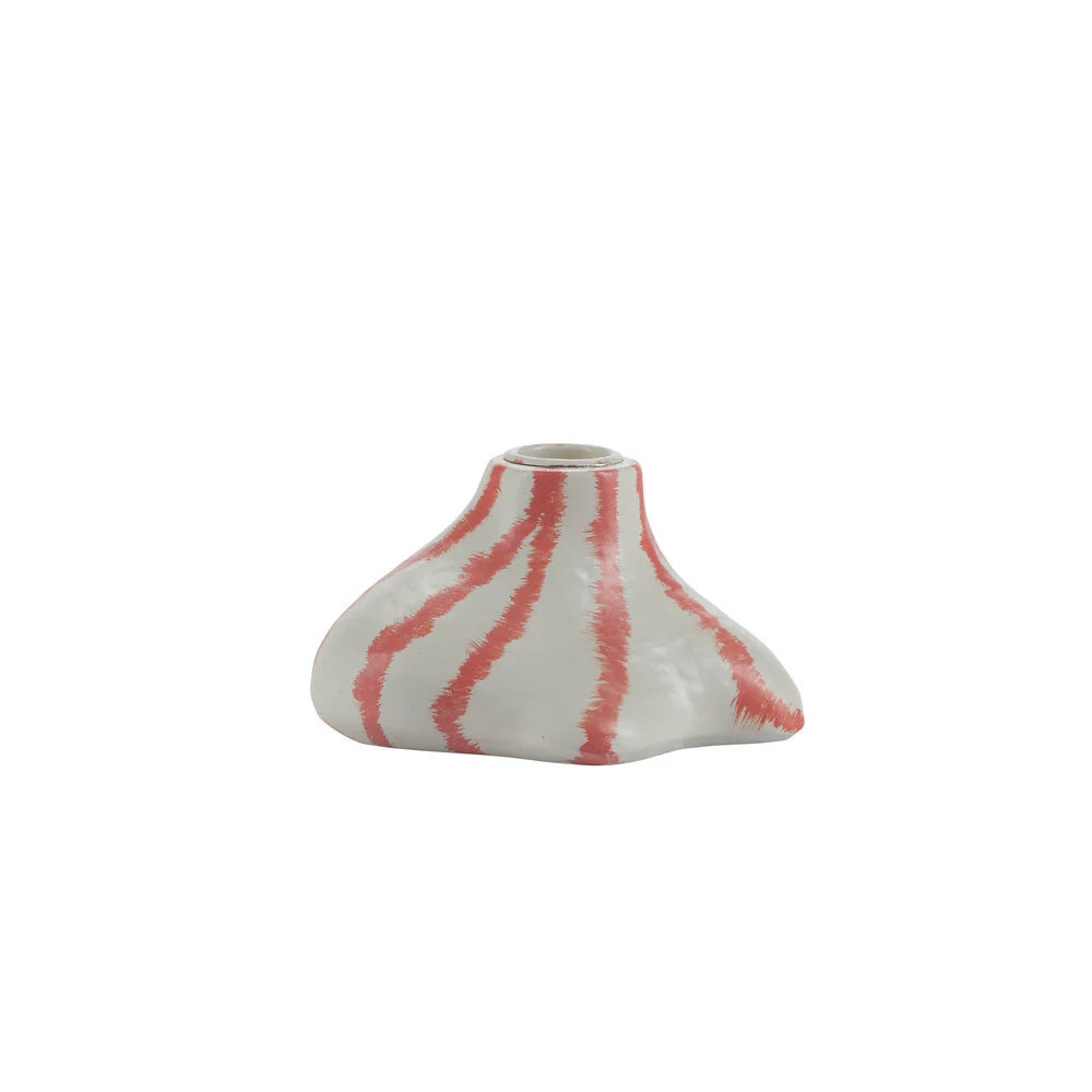 Stribet lysestage, hvid/orange - H6,5 cm.
