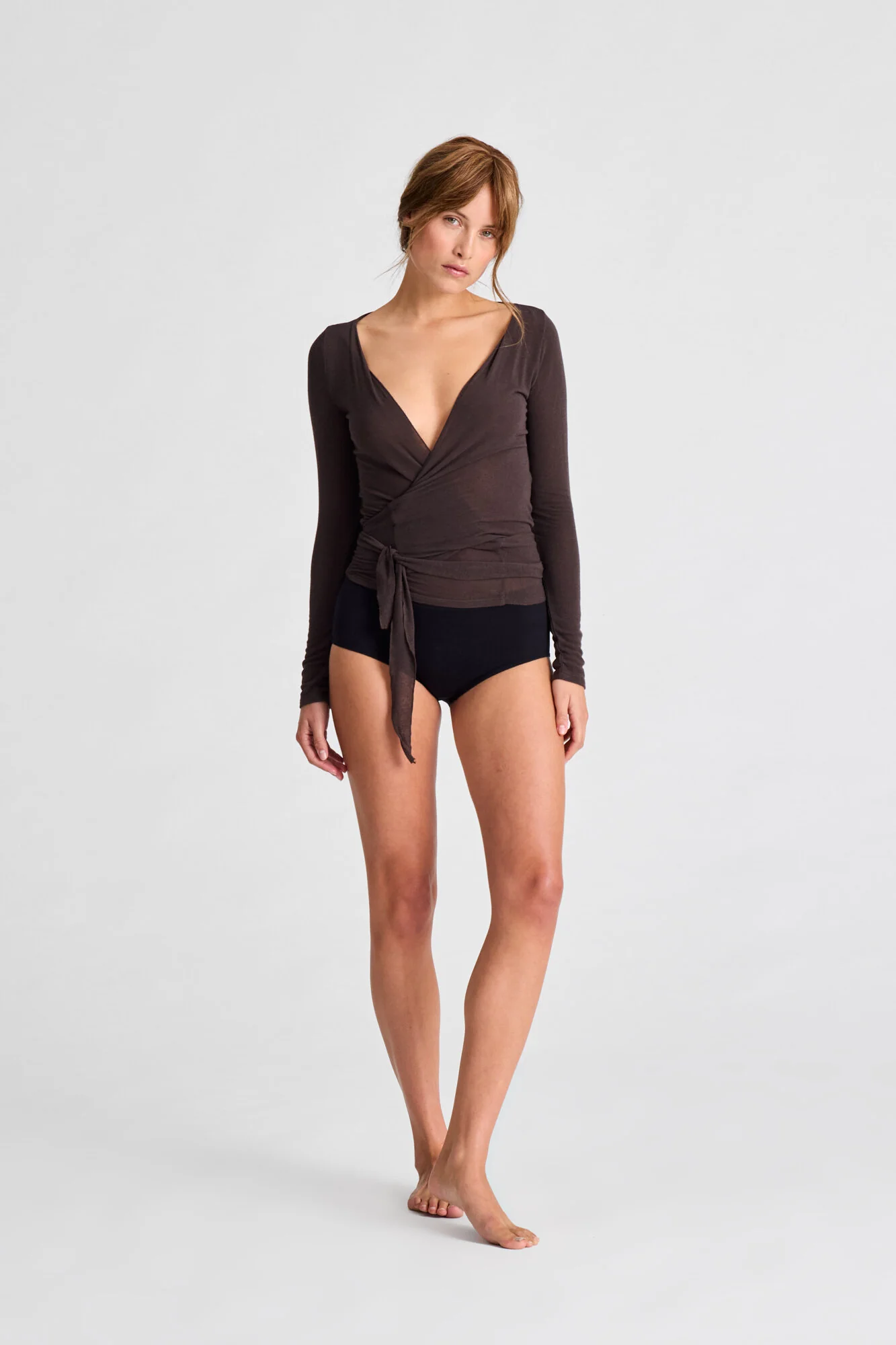 Anne Wrap Wool langærmet t-shirt - Mulch - Image 5