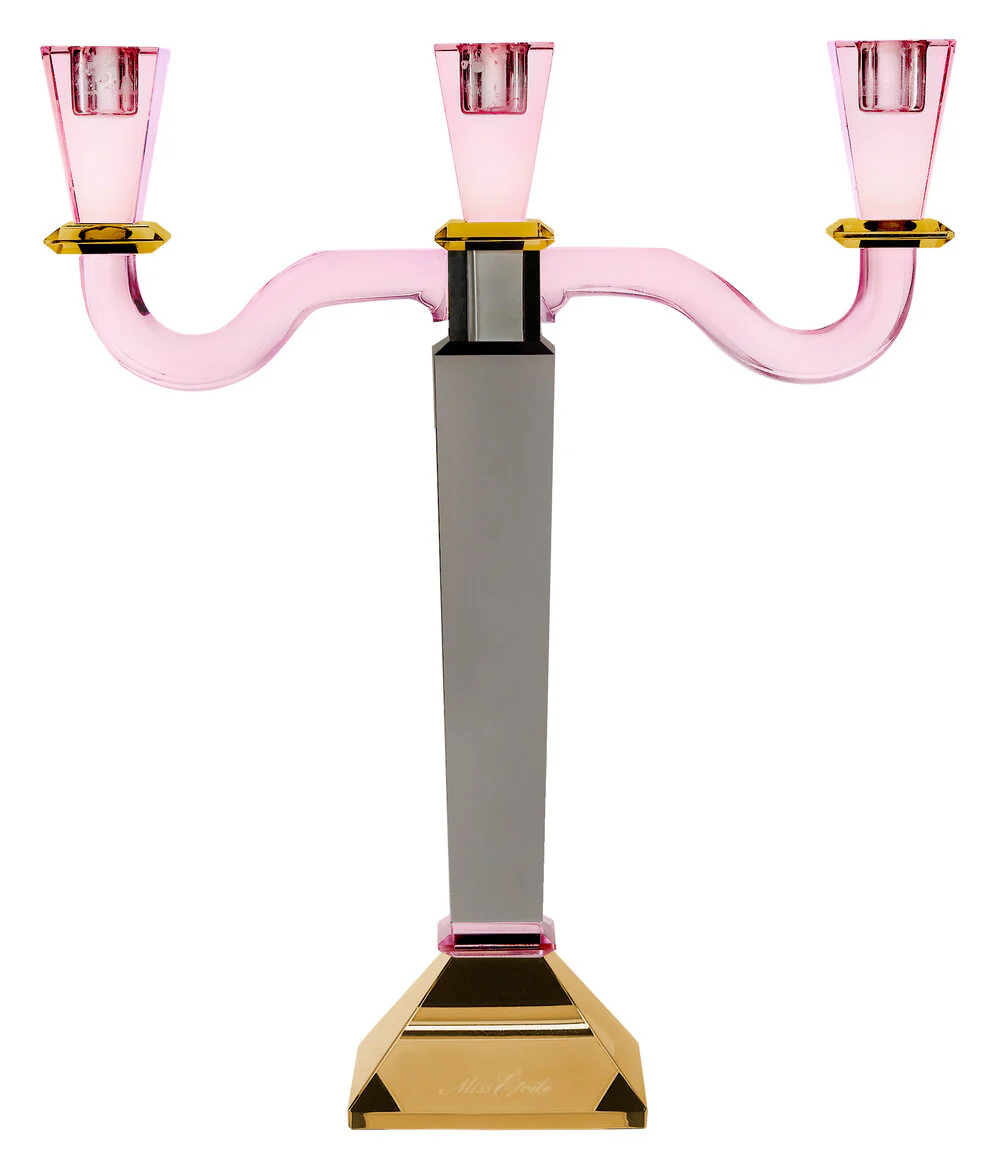 3-armed crystal lysestage, rose/grey - H36 cm.