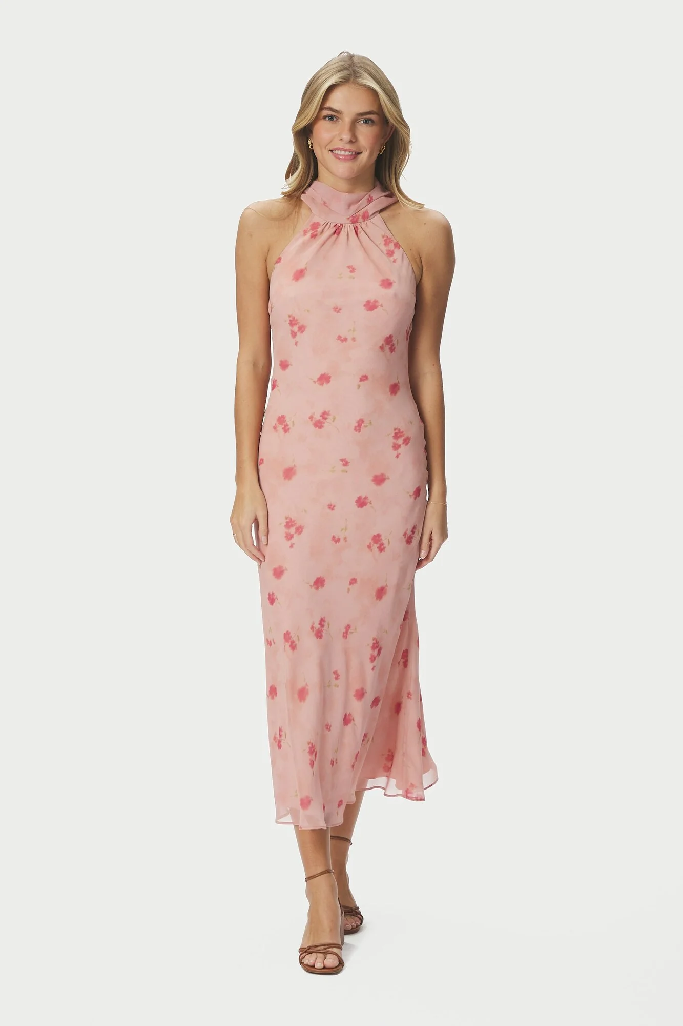 Fiona Blurred Flower Halter Neck kjole - lyserød