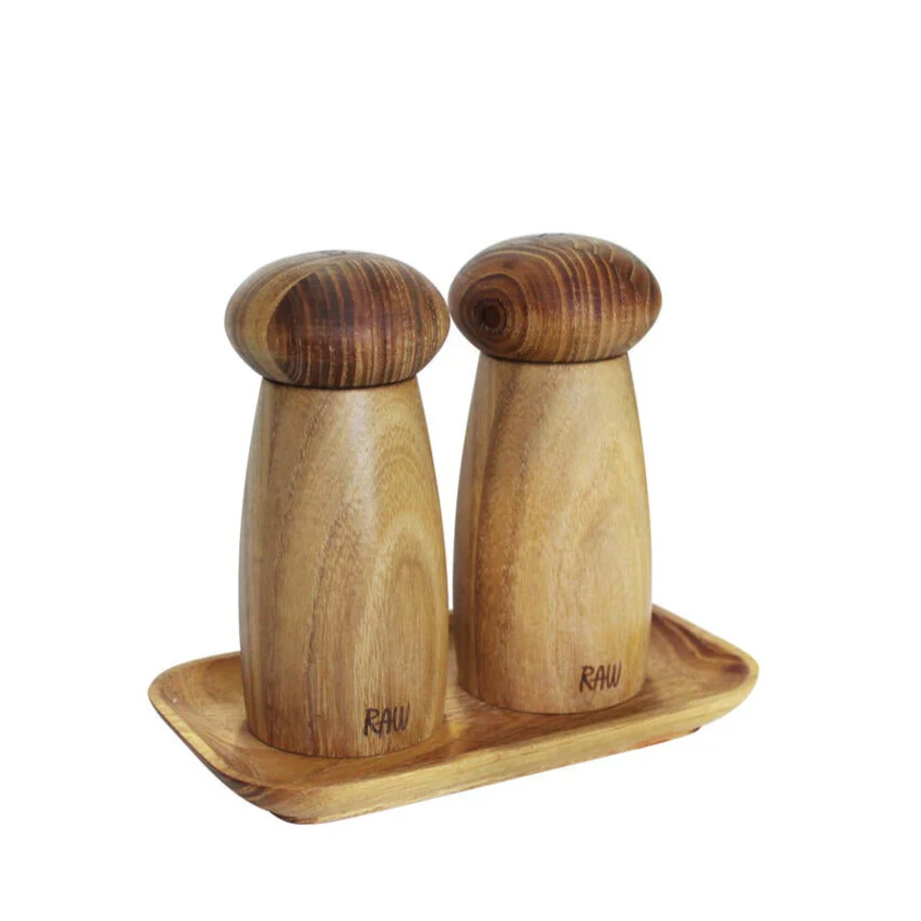 Keramisk salt- og peberkværn med bakke - Teak - Image 4