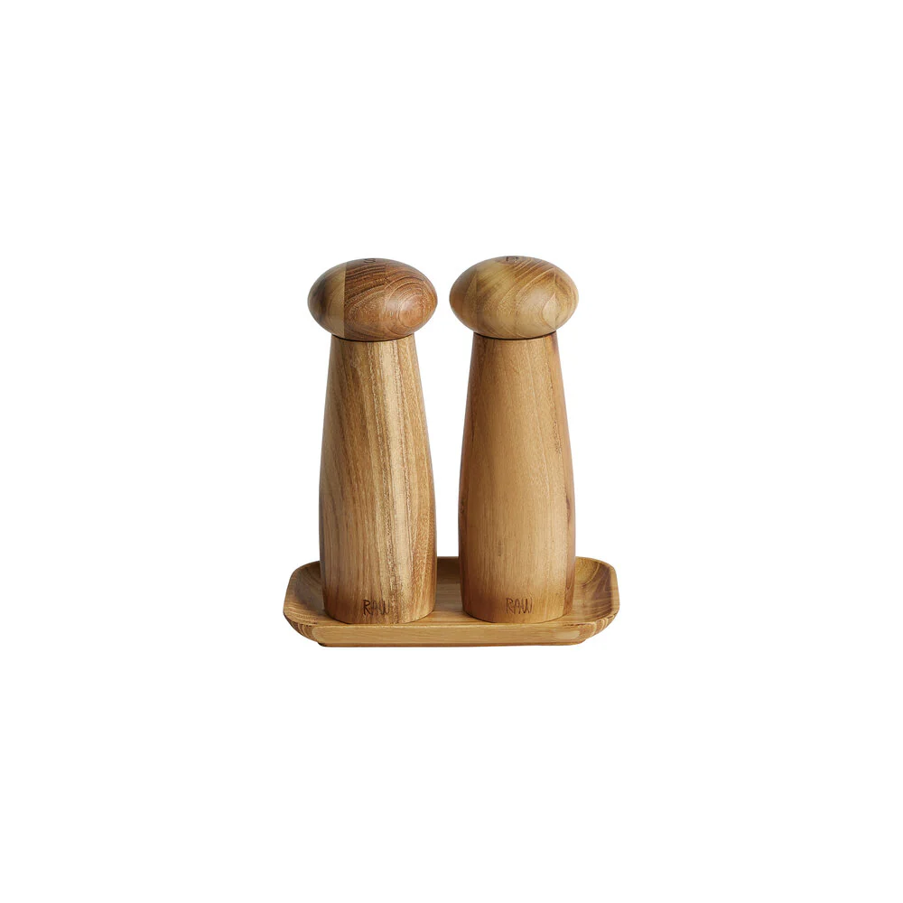 Keramisk salt- & perbersæt med bakke - Teaktræ - Image 2