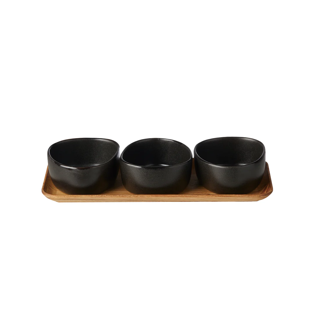 Organic skåle m/teakbakke, Titanium Black - 3 stk.
