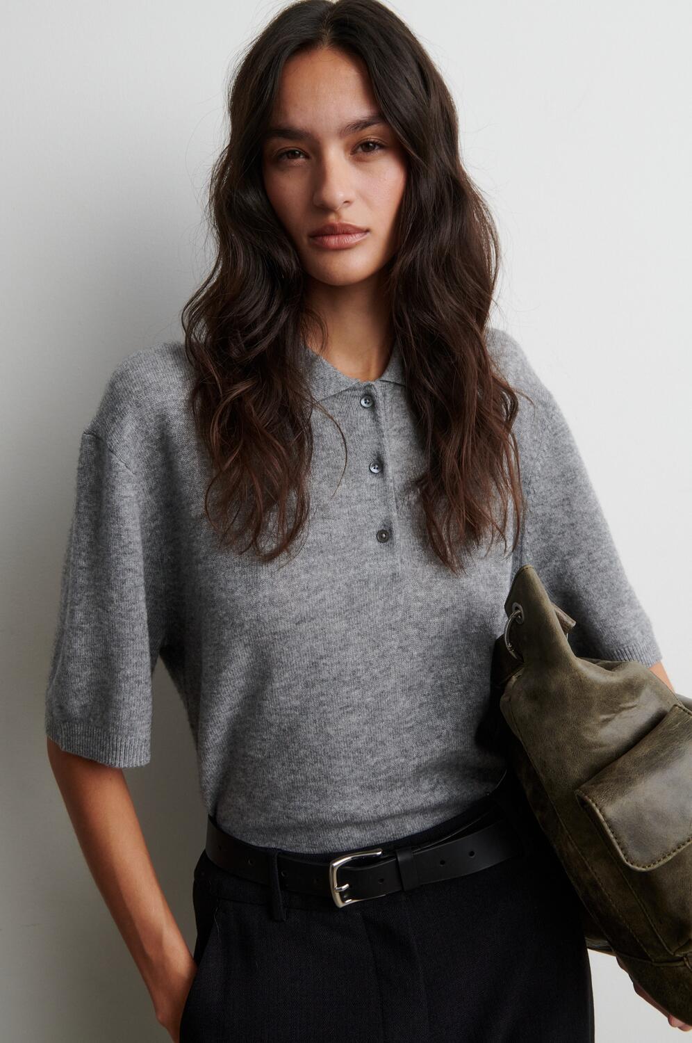 Longo strikket polotrøje - Mid Grey Melange - Image 3