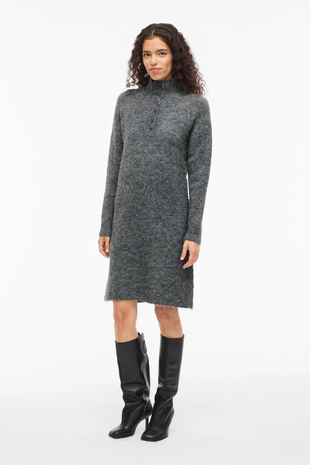 Vinynni Highneck strikkjole - Dark Grey Melange