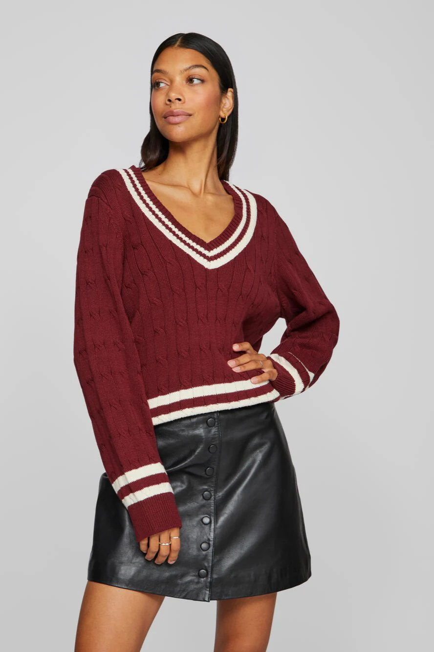 Visena L/S V-Neck striktrøje - Cabernet