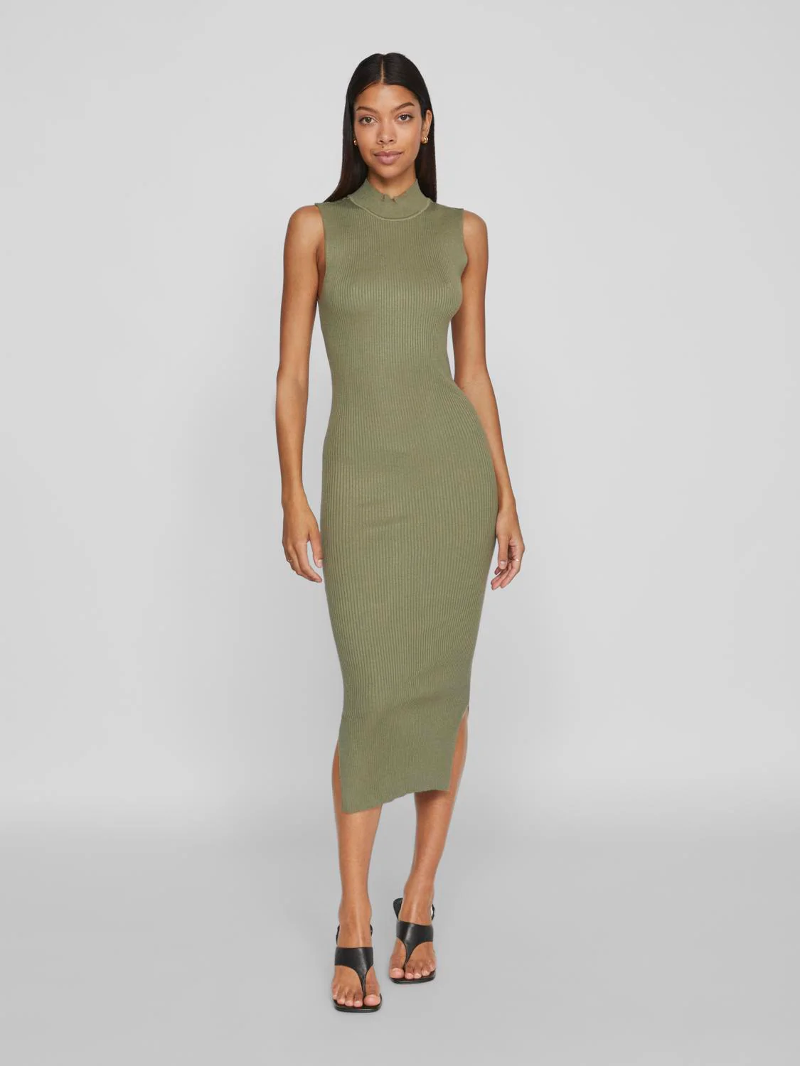 Vistylie High-Neck S/L Rib Knit kjole - Oil Green - Image 2