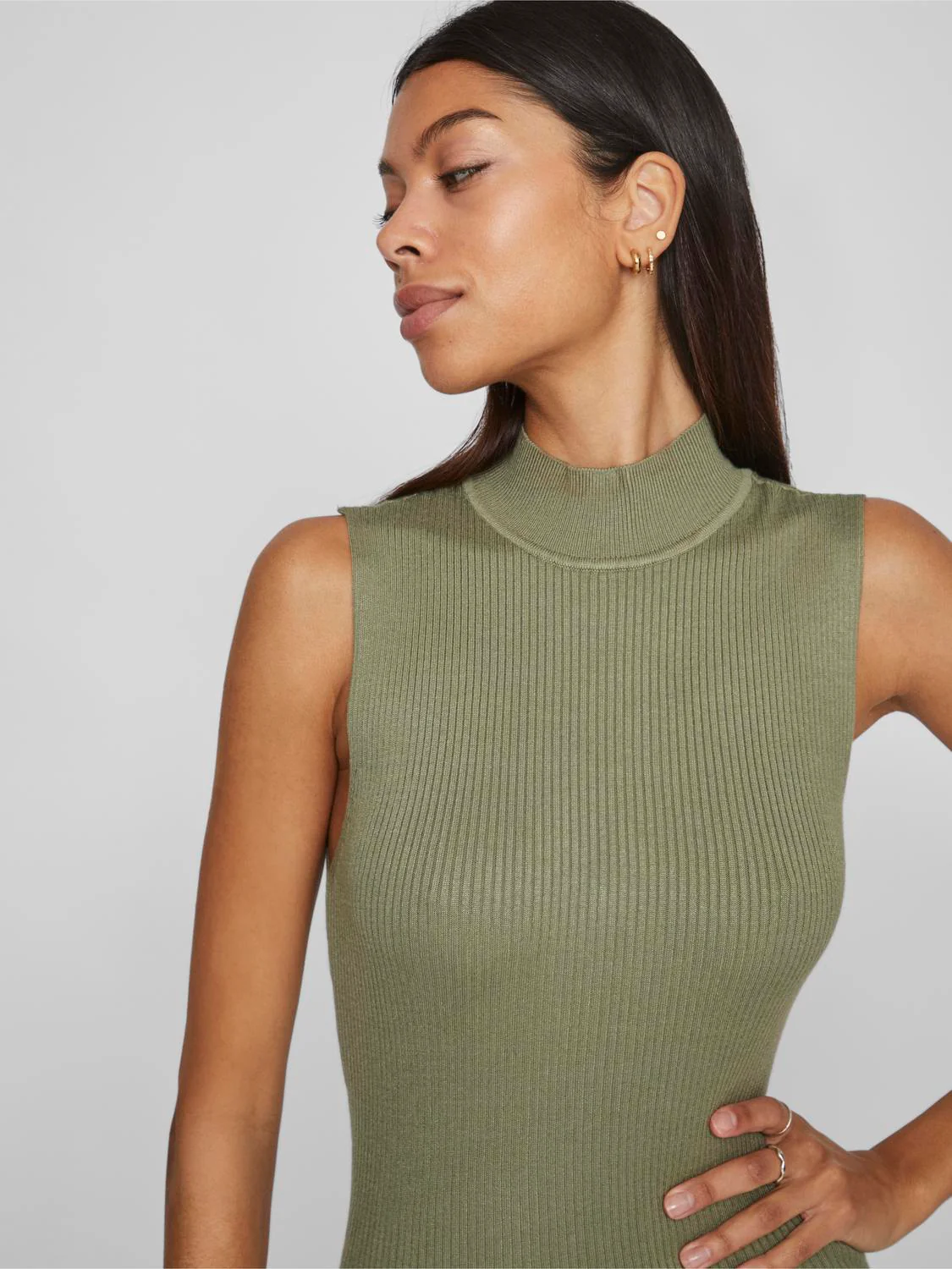 Vistylie High-Neck S/L Rib Knit kjole - Oil Green - Image 3